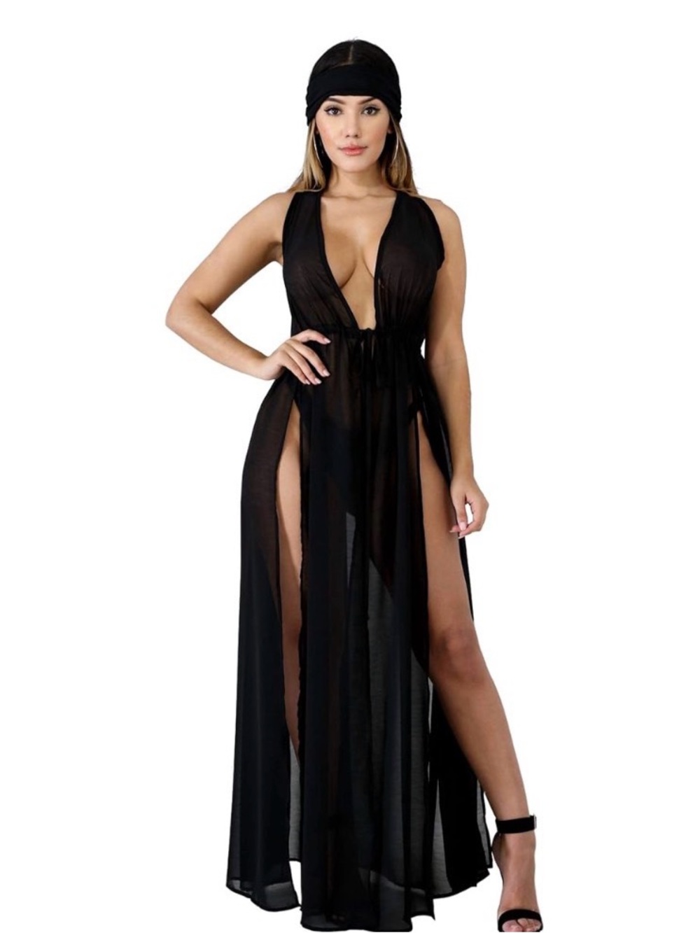 Sexy Sheer Mesh Cardigan Chiffon High Slit Long Maxi Dress. Size Small